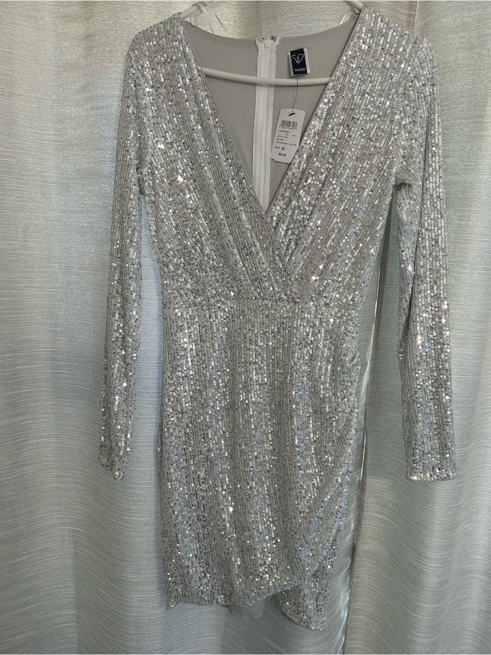 Windsor Silver Sequin Long-Sleeve Wrap Dress
